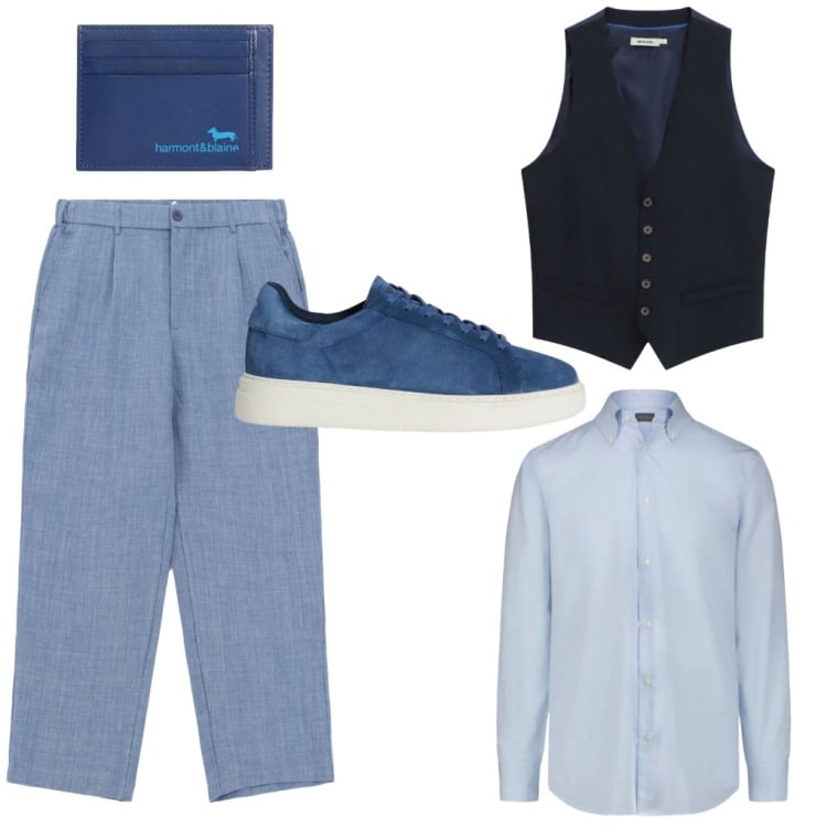 Outfit uomo - Gabriele: come i suoi occhi.. Stile Casual per Ufficio. Abbinamento con sneakers, portafogli, pantaloni, gilet, camicie.