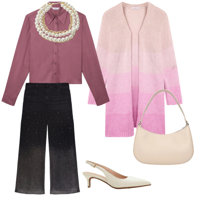 Outfit donna - In rosa al lavoro. per Ufficio. Abbinamento con décolleté, camicie, borse a tracolla, cardigans, jeans, collane.