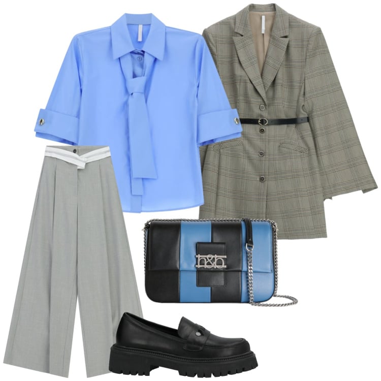 Outfit donna - Camicia azzurra. per Tutti i giorni. Abbinamento con mocassini, borse a tracolla, vestiti corti, camicie a manica corta, pantaloni a palazzo.