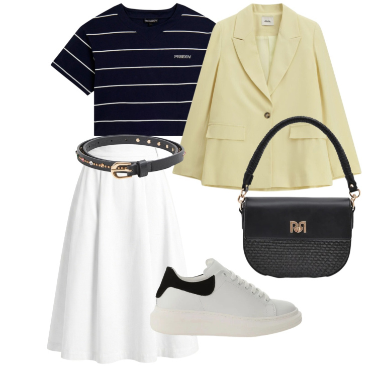 Outfit donna - Giallo primavera. per Ufficio. Abbinamento con gonne longuette, sneakers, cinture, blazer, t-shirt, borse a spalla.