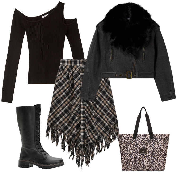 Outfit donna - Casual da sera. Stile Casual per Serata fuori. Abbinamento con stivali, maglieria, giacche, gonne longuette, shopping bag.