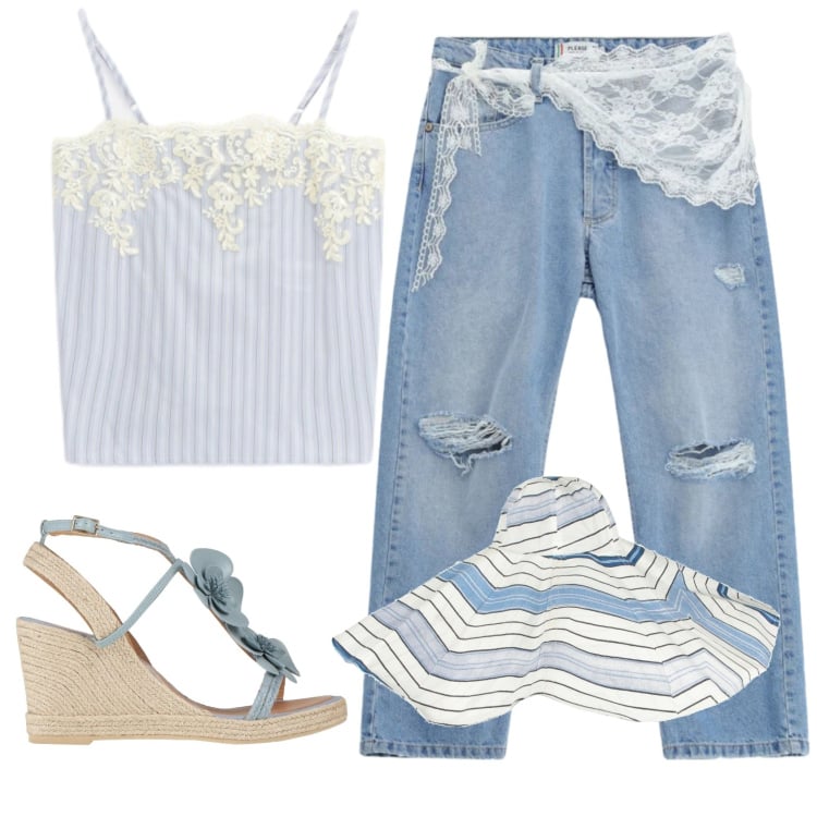 Outfit donna - Total look #2359096. Stile Romantica per Tutti i giorni. Abbinamento con espadrillas, cappelli, top, jeans strappati.