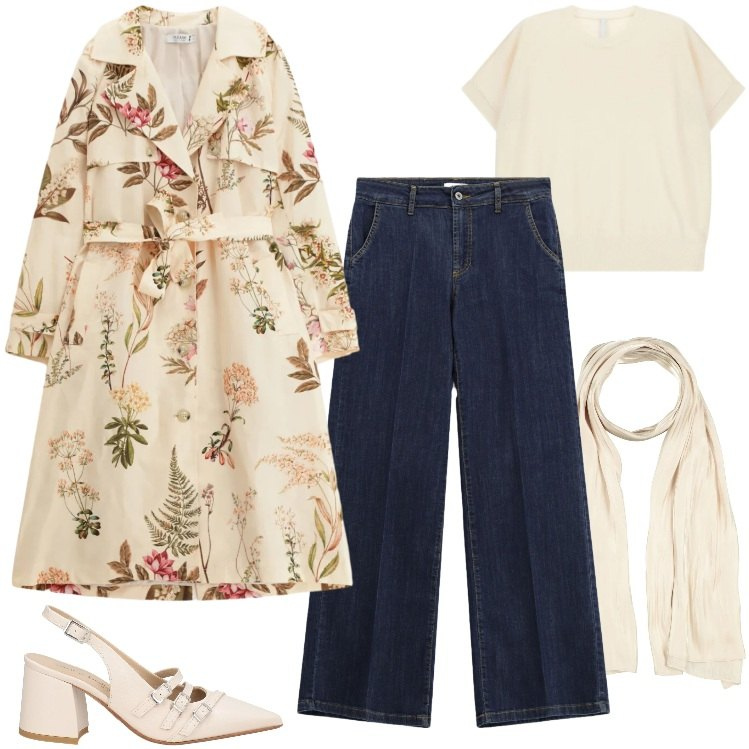 Outfit donna - Il Trench a Fiori di Please. Stile Trendy per Tutti i giorni. Abbinamento con décolleté, sciarpe, t-shirt, jeans, trench.