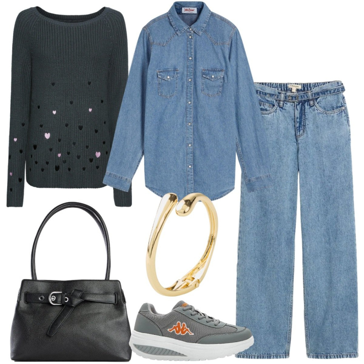 Outfit donna - Total look #2359104. Stile Basic per Tutti i giorni. Abbinamento con sneakers, maglieria, camicie, borse a mano, braccialetti, jeans dritti.