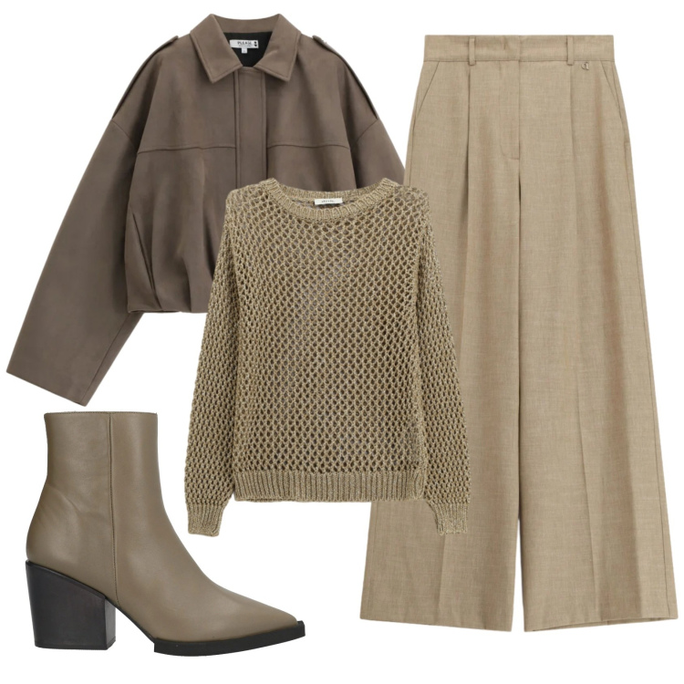 Outfit donna - Total look #2359107. Stile Bon Ton per Ufficio. Abbinamento con stivaletti, maglieria, pantaloni a palazzo, bomber.