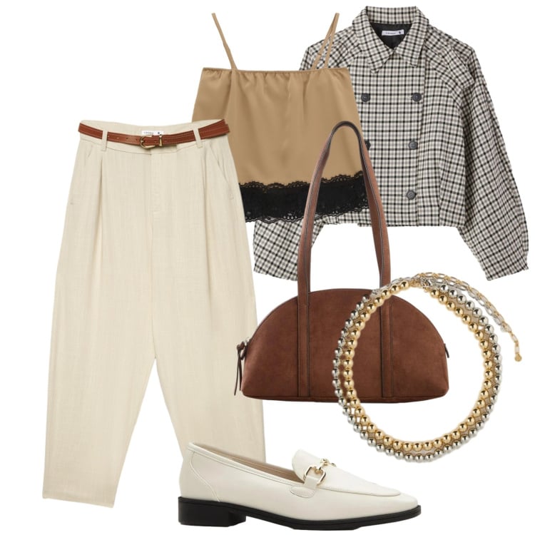 Outfit donna - Casual in town. Stile Casual per Tutti i giorni. Abbinamento con mocassini, borse a tracolla, caban, pantaloni chino, collane, top.