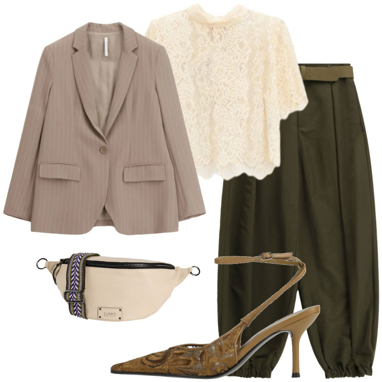Outfit donna - Giacca maschile e pizzo femminile. Stile Glamour per Tutti i giorni. Abbinamento con décolleté, marsupi, blazer, top, pantaloni.