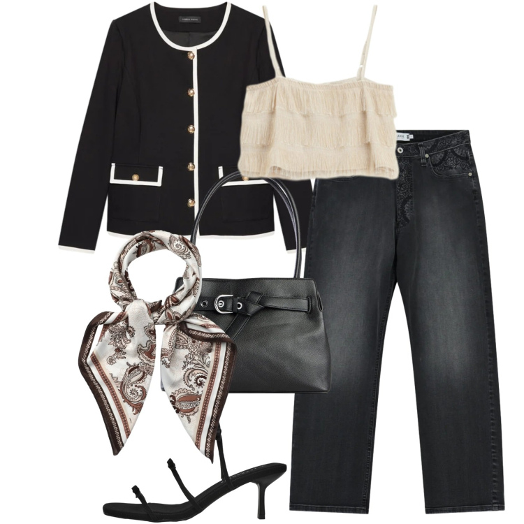 Outfit donna - Total black in jeans. Stile Casual chic per Tutti i giorni. Abbinamento con borse a mano, foulard, sandali col tacco, blazer, top, jeans dritti.