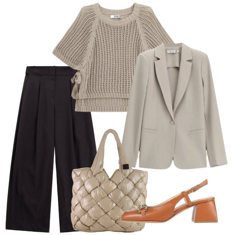Outfit donna - Argilla di marzo. Stile Bon Ton per Tutti i giorni. Abbinamento con décolleté, pantaloni a palazzo, top, blazer, borse tote.