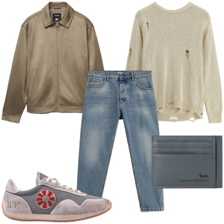 Outfit uomo - Denim primaverile. Stile Trendy per Serata speciale. Abbinamento con portafogli, maglieria, jeans, giacche, sneakers.