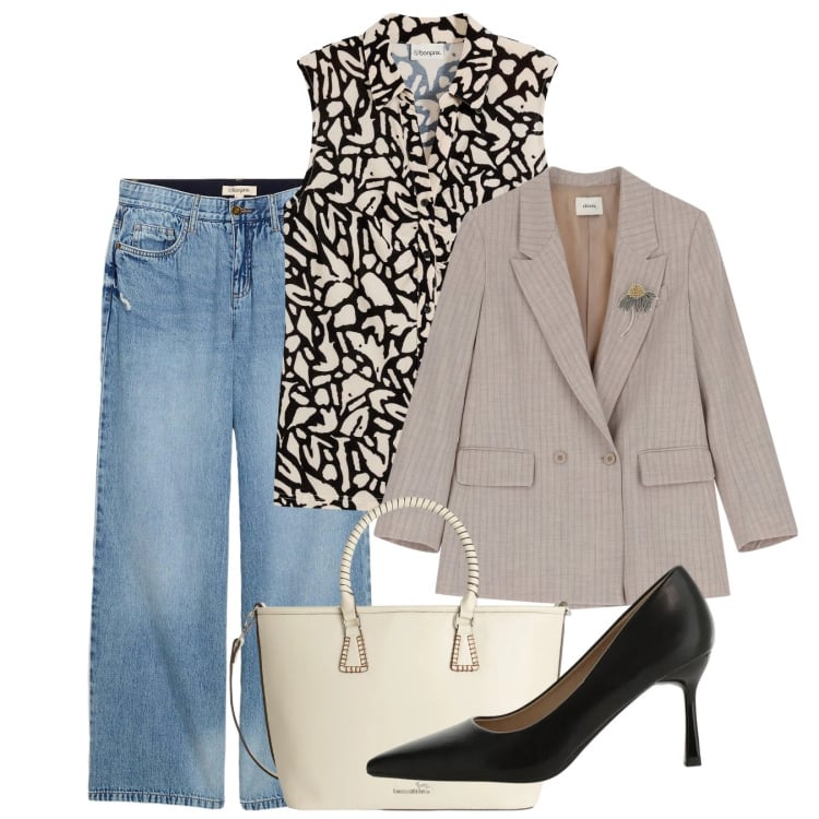 Outfit donna - Marzo. Stile Bon Ton per Tutti i giorni. Abbinamento con polo, jeans, shopping bag, décolleté, blazer.