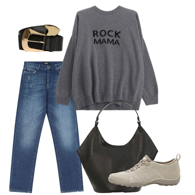 Outfit donna - Basic e via. Stile Basic per Tutti i giorni. Abbinamento con sneakers, cinture, jeans dritti, maglieria, borse a spalla.