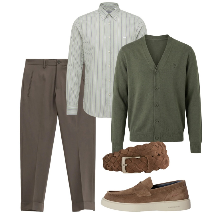 Outfit uomo - Cardigan time. Stile Casual per Tutti i giorni. Abbinamento con scarpe stringate, cinture, camicie, cardigans, pantaloni.