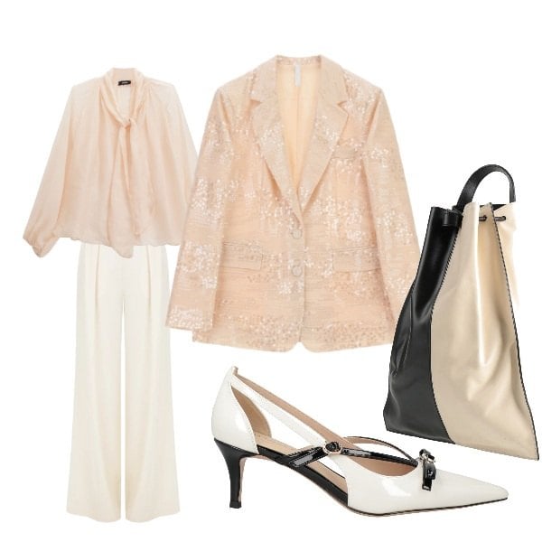 Outfit donna - rosa bon -ton. Stile Bon Ton per Serata fuori. Abbinamento con décolleté, zaini, blazer, bluse, pantaloni a palazzo.
