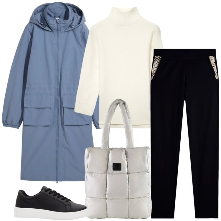 Outfit donna - Total look #2359146. Stile Sporty chic per Tutti i giorni. Abbinamento con parka, sneakers, maglieria, pantaloni, shopping bag.