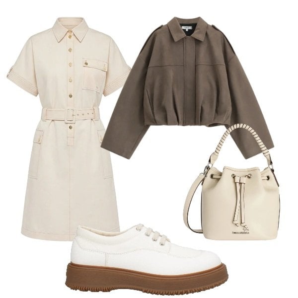 Outfit donna - lo chamisiere. Stile Casual per Ufficio. Abbinamento con scarpe stringate, borse a secchiello, vestiti chemisier, bomber.