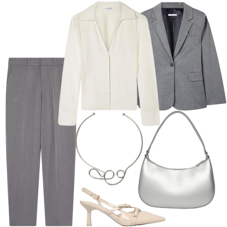 Outfit donna - Evento - Ufficio - Cerimonia. Stile Mannish per Ufficio. Abbinamento con blazer, camicie, pantaloni chino, décolleté, borse a tracolla, collane.