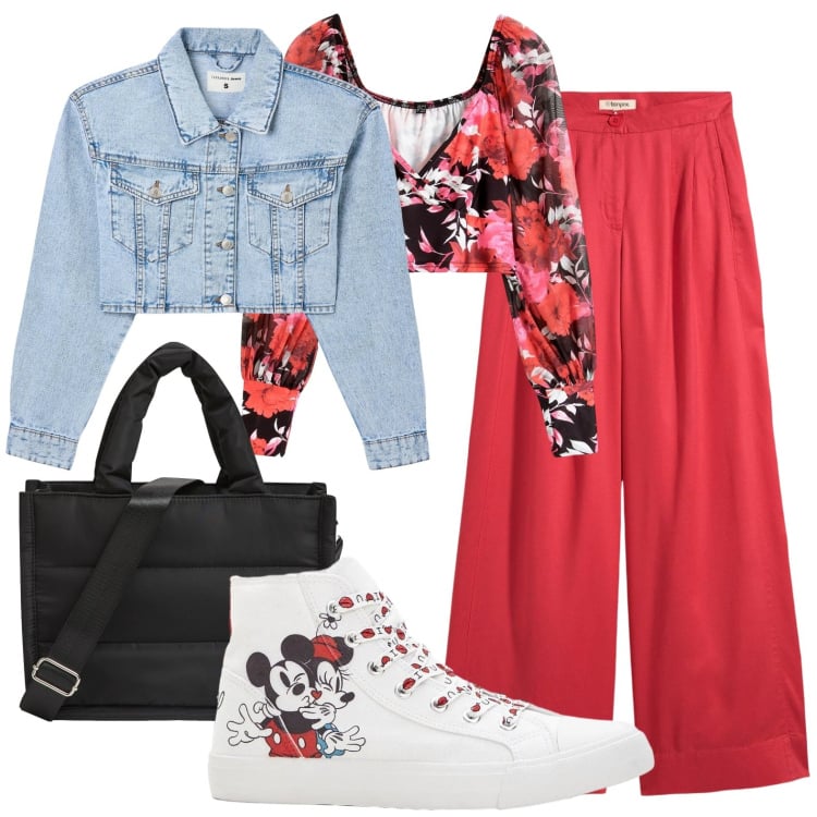 Outfit donna - Jeans e fiori per la scuola. Stile Casual per Scuola/Università. Abbinamento con bluse, pantaloni, sneakers alte, blazer, shopping bag.