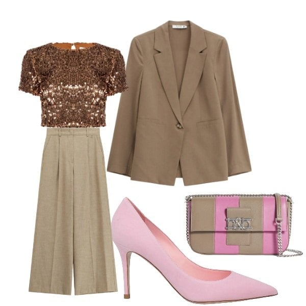 Outfit donna - sempre con stile. Stile Trendy per Serata fuori. Abbinamento con décolleté, borse a spalla, pantaloni a palazzo, blazer, bluse.