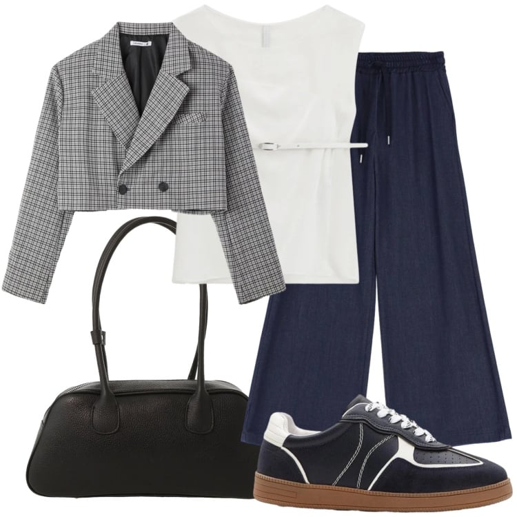Outfit donna - Di corsa in ufficio. Stile Urban per Ufficio. Abbinamento con sneakers, top, blazer, borse a mano, jeans.