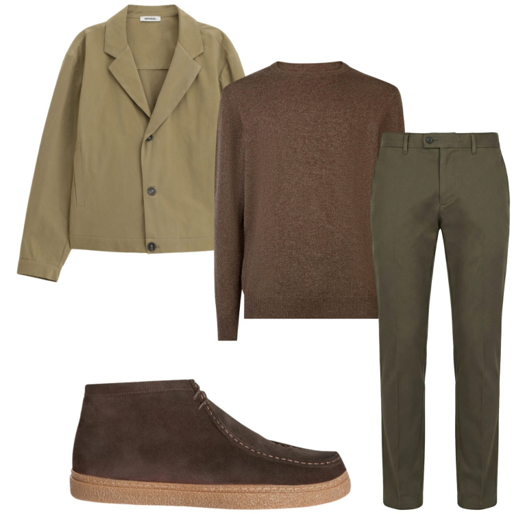 Outfit uomo - Total look #2359157. Stile Urban per Tutti i giorni. Abbinamento con stivali e stivaletti, pantaloni chino, giacche, maglieria.