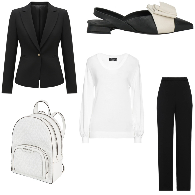 Outfit donna - Minimal chic style. Stile Minimal per Ufficio. Abbinamento con pantaloni, ballerine, zaini, pullovers, blazer.