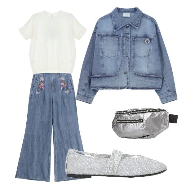 Outfit donna - in jeans. Stile Urban per Tutti i giorni. Abbinamento con ballerine, marsupi, t-shirt, blazer, pantaloni a palazzo.