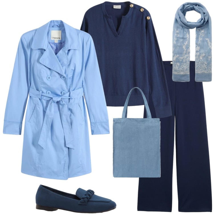 Outfit donna - In città. Stile Urban per Ufficio. Abbinamento con maglieria, pantaloni, trench, mocassini, borse tote, sciarpe.