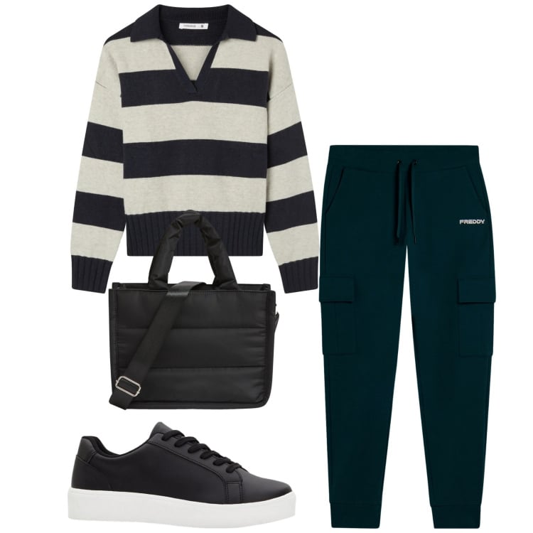 Outfit donna - Total look #2359163. Stile Casual per Tutti i giorni. Abbinamento con sneakers, shopping bag, maglieria, pantaloni.