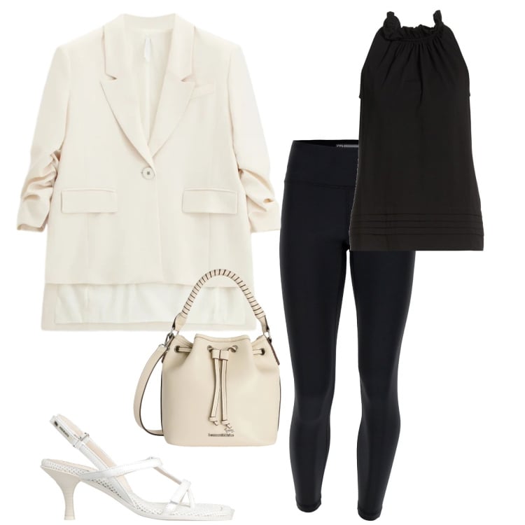 Outfit donna - Total look #2359166. Stile Chic per Serata fuori. Abbinamento con infradito, top, borse a secchiello, blazer, leggings.