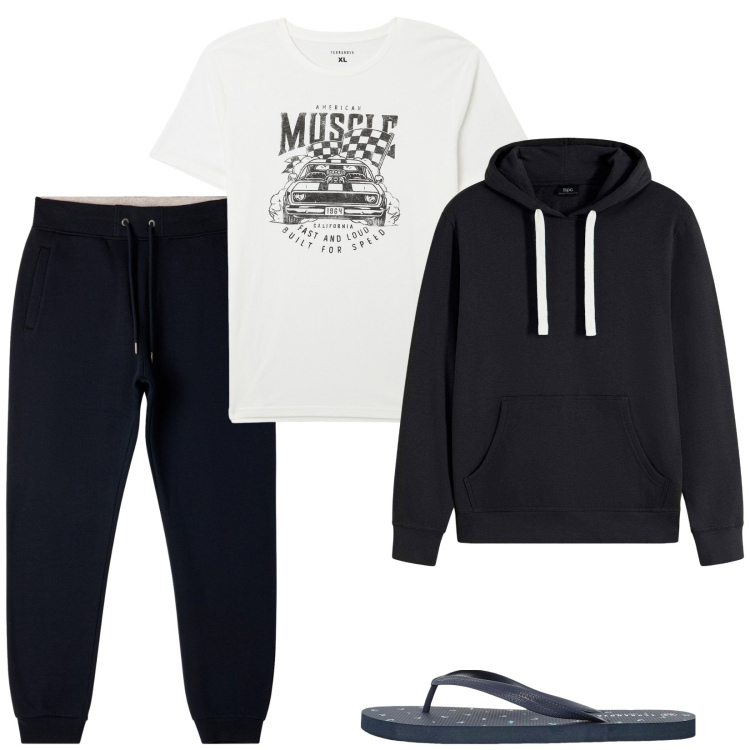 Outfit uomo - Oggi a casa. Stile Casual per Tutti i giorni. Abbinamento con felpe con cappuccio, t-shirt, sandali, pantaloni.
