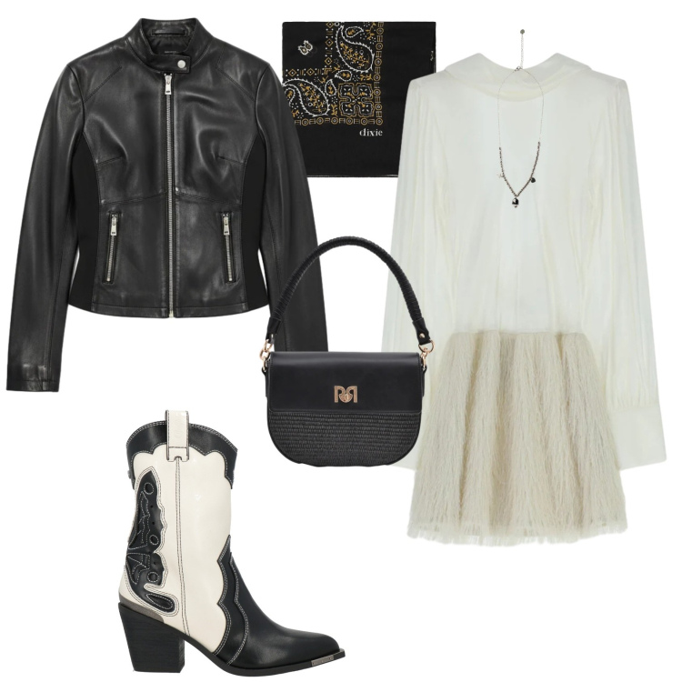 Outfit donna - Serata evento speciale. Stile Boho per Serata fuori. Abbinamento con stivaletti texani, foulard, vestiti corti, ciondoli, borse a spalla, giacche.