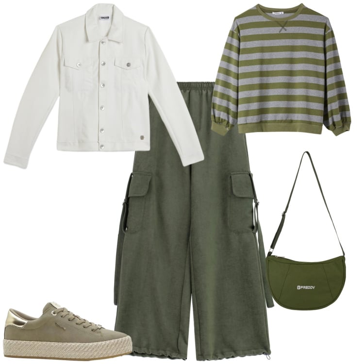 Outfit donna - Tempo libero. Stile Urban per Tutti i giorni. Abbinamento con sneakers, t-shirt, pantaloni a palazzo, borse a spalla, giacche.