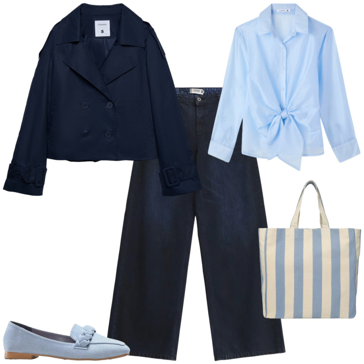 Outfit donna - Trendy ufficio tempo libero. Stile Trendy per Tutti i giorni. Abbinamento con mocassini, caban, shopping bag, camicie, jeans.