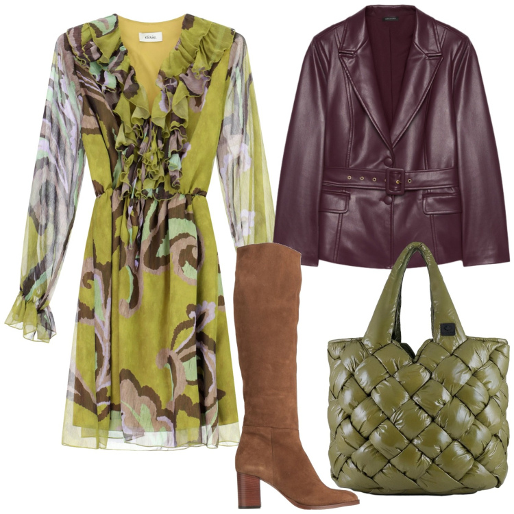 Outfit donna - Il vestito multicolor. Stile Glamour per Serata fuori. Abbinamento con stivali, blazer, vestiti, borse tote.