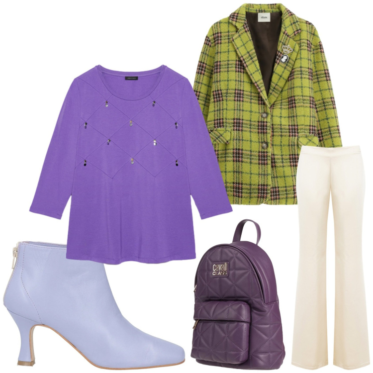 Outfit donna - Total look #2359185. Stile Casual chic per Tutti i giorni. Abbinamento con stivaletti, zaini, t-shirt, blazer, pantaloni a palazzo.