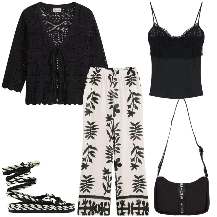 Outfit donna - Casual. Stile Casual per Tutti i giorni. Abbinamento con pantaloni, cardigans, canottiere, borse a tracolla, sandali.