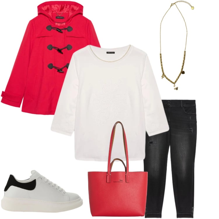 Outfit donna - Cherry Pop. Stile Casual chic per Tutti i giorni. Abbinamento con shopping bag, sneakers, blazer, jeans strappati, t-shirt, ciondoli.