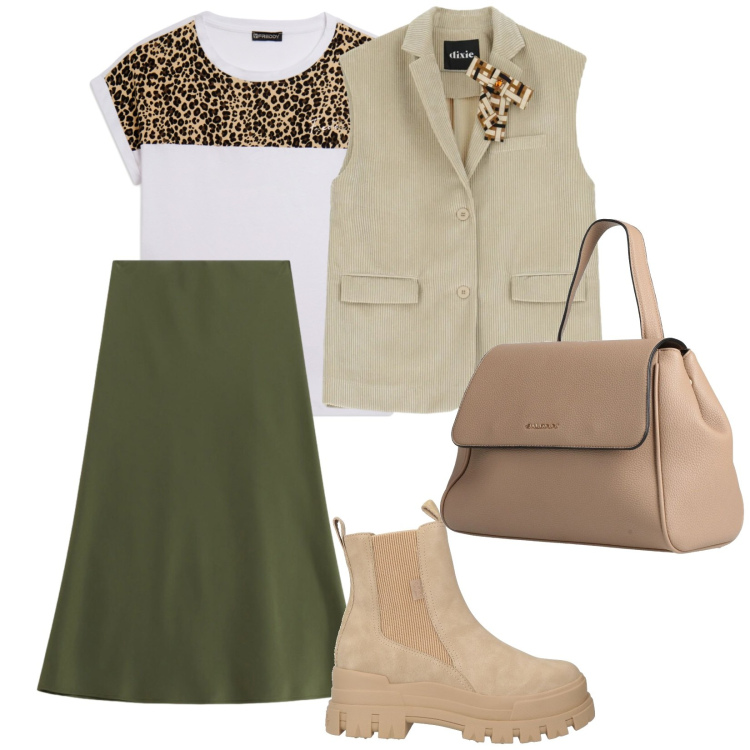 Outfit donna - Primavera in corso. per Tutti i giorni. Abbinamento con zaini, stivaletti, gonne longuette, gilet, t-shirt.