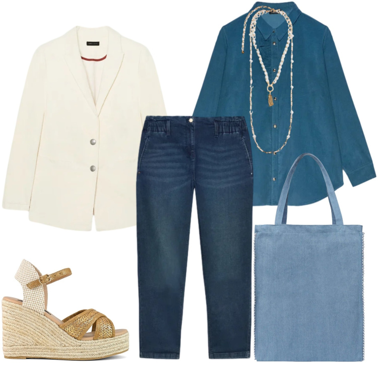 Outfit donna - Professionalità Chic e Texture Naturali. Stile Casual chic per Tutti i giorni. Abbinamento con borse tote, blazer, camicie, jeans, collane, zeppe.