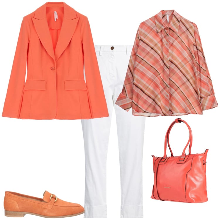 Outfit donna - Trendy ufficio tempo libero. Stile Trendy per Ufficio. Abbinamento con mocassini, zaini, pantaloni, blazer, camicie.