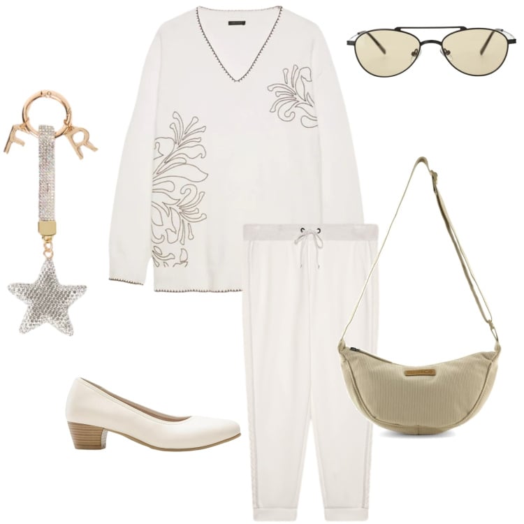 Outfit donna - White Zen. Stile Casual chic per Tutti i giorni. Abbinamento con décolleté, occhiali da sole, maglieria, portachiavi, pantaloni, borse a tracolla.