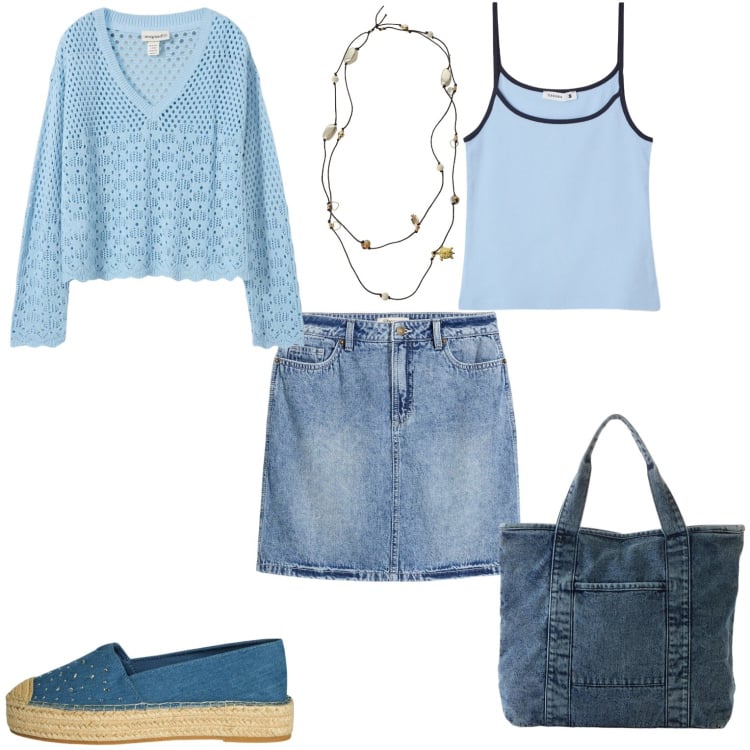 Outfit donna - Jeans. Stile Casual per Tutti i giorni. Abbinamento con maglieria, shopping bag, minigonne, espadrillas, canottiere, collane.