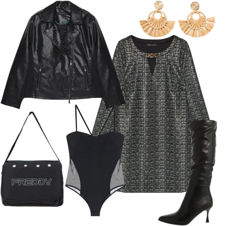 Outfit donna - Grinta Urbana e Texture. Stile Glamour per Serata fuori. Abbinamento con orecchini, vestiti corti, giacche, body, stivali sopra il ginocchio, borse messenger.