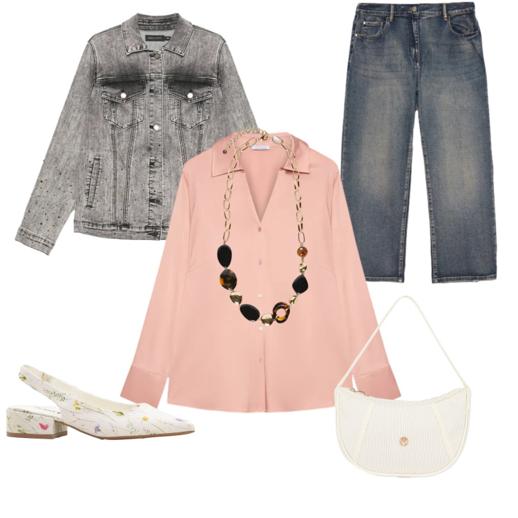 Outfit donna - Contrasti Pastello e Accenti Vintage. Stile Casual chic per Tutti i giorni. Abbinamento con décolleté, blazer, collane, camicie, jeans, borse a mano.