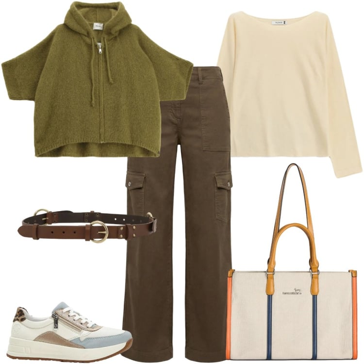 Outfit donna - Total look #2359204. Stile Sporty chic per Tutti i giorni. Abbinamento con sneakers, pantaloni cargo, borse tote, cinture, cardigans, maglieria.