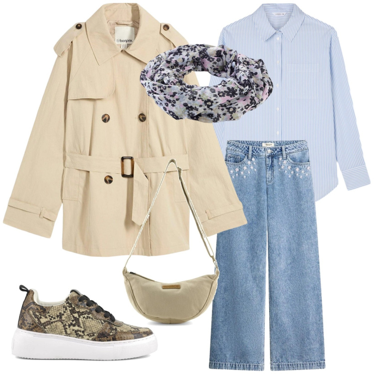 Outfit donna - March days. Stile Casual per Tutti i giorni. Abbinamento con trench, foulard, jeans, camicie, borse a tracolla, sneakers.