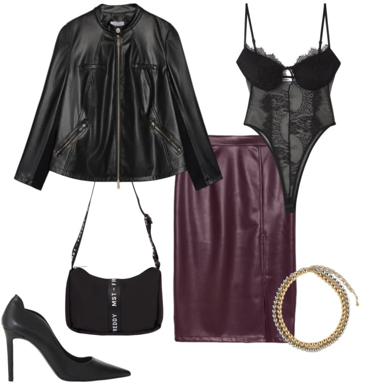 Outfit donna - Pizzo e Sfumature Bordeaux. Stile Glamour per Serata fuori. Abbinamento con body, giacche, collane, gonne longuette, décolleté, borse a tracolla.