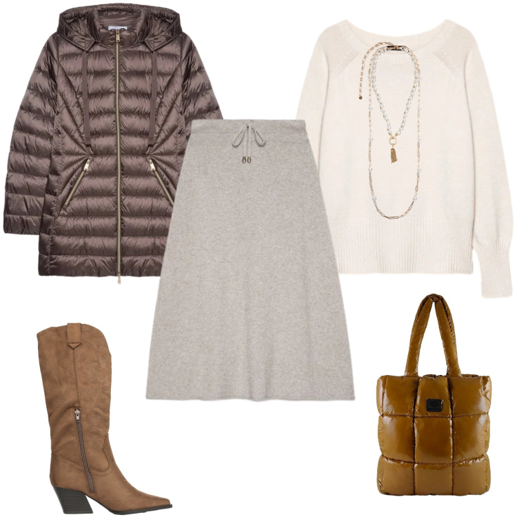 Outfit donna - Eleganza d\'Inverno. Stile Casual chic per Tutti i giorni. Abbinamento con stivali, piumini, collane, maglieria, gonne longuette, shopping bag.