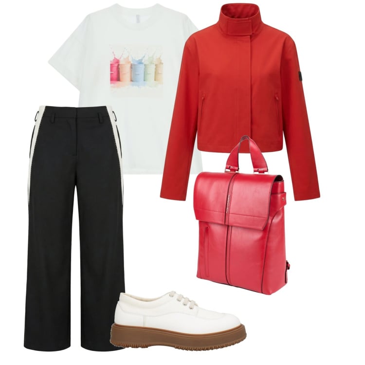 Outfit donna - Rosso. per Scuola/Università. Abbinamento con zaini, scarpe stringate, pantaloni, t-shirt, blazer.